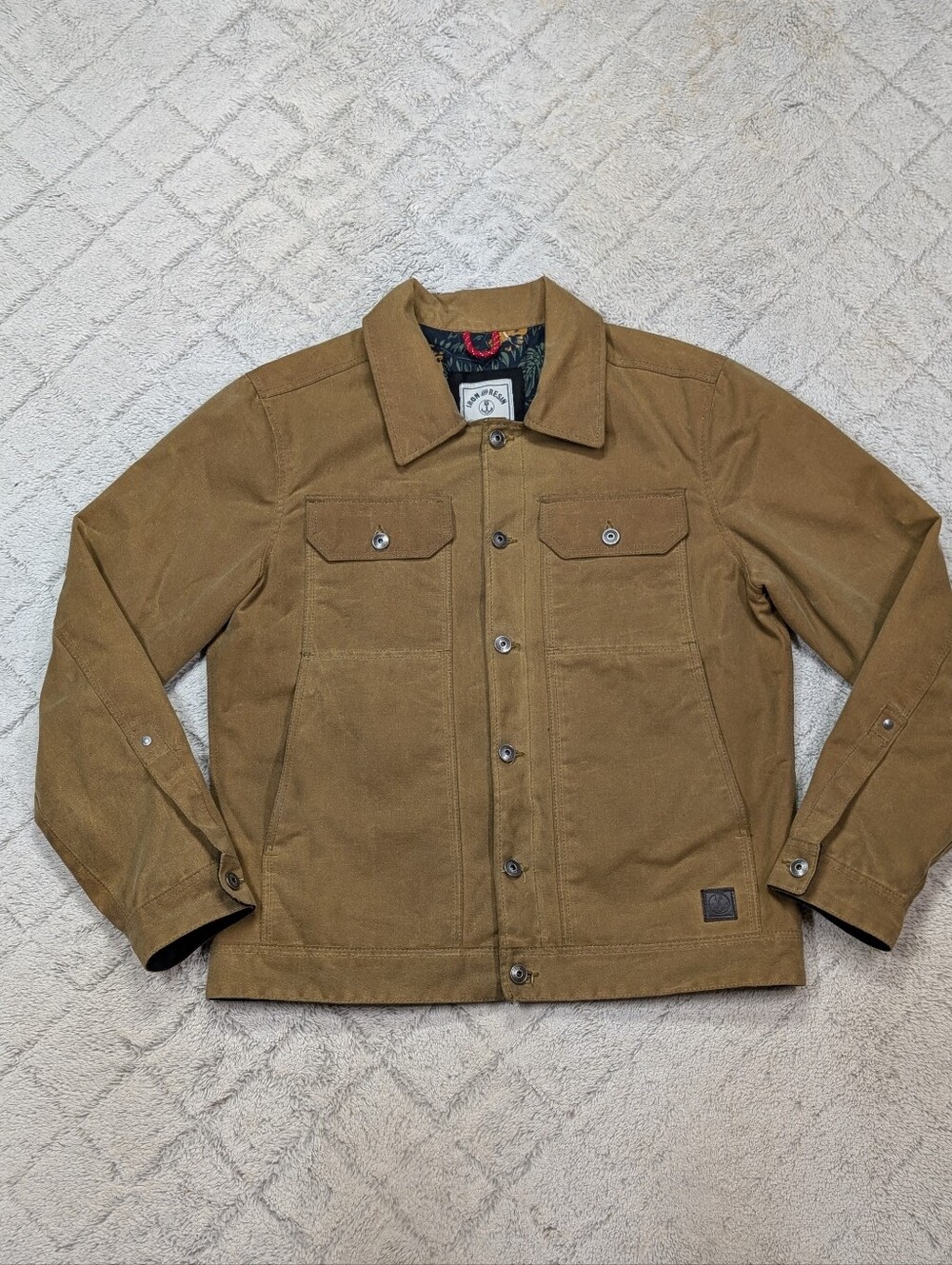 Iron & Resin Jacket Mens L Beige Tan Waxed Canvas Mechanic Lined Rugged Durable